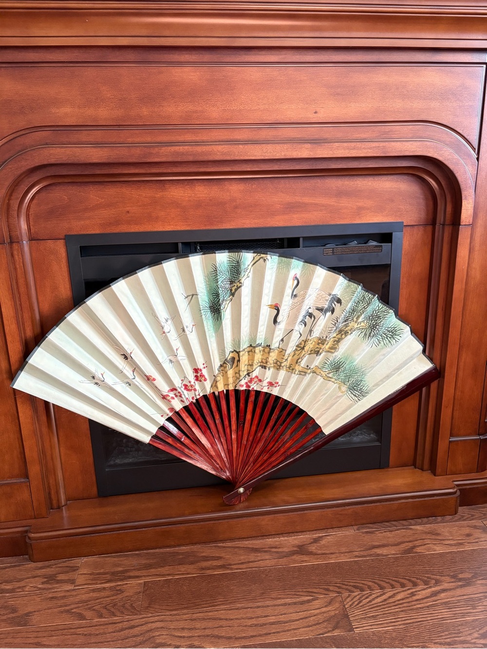 Vintage Asian Inspired Wall Fan 37” Crane Pine Tree Boho Art